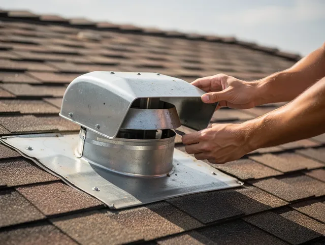 North Port Dryer Vent Cleaning certified technician safely cleaning a roof-mounted dryer vent in North Port