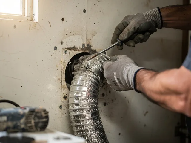 North Port Dryer Vent Cleaning technician performing precise dryer vent hose installation in North Port